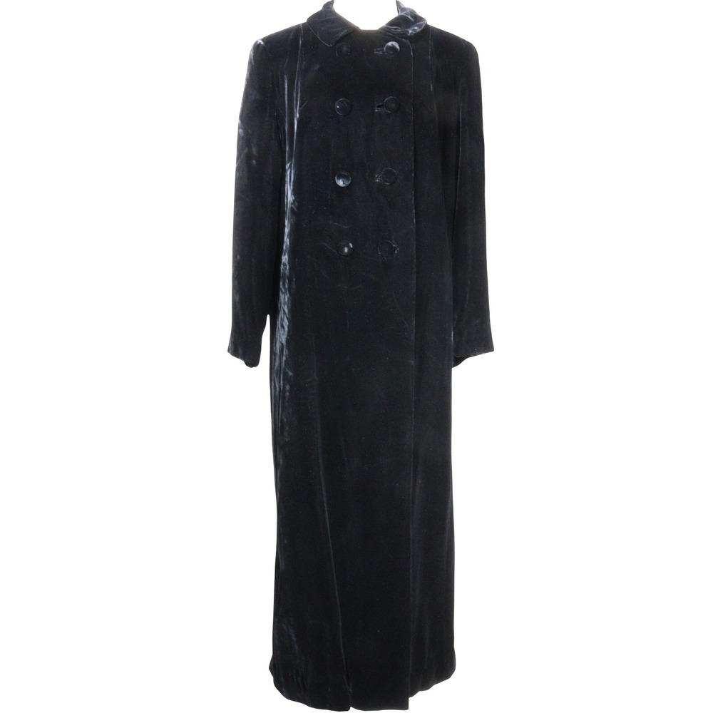VTG Black Velvet Double Breasted Long Coat Evening Jacket Plush Luxury Women L